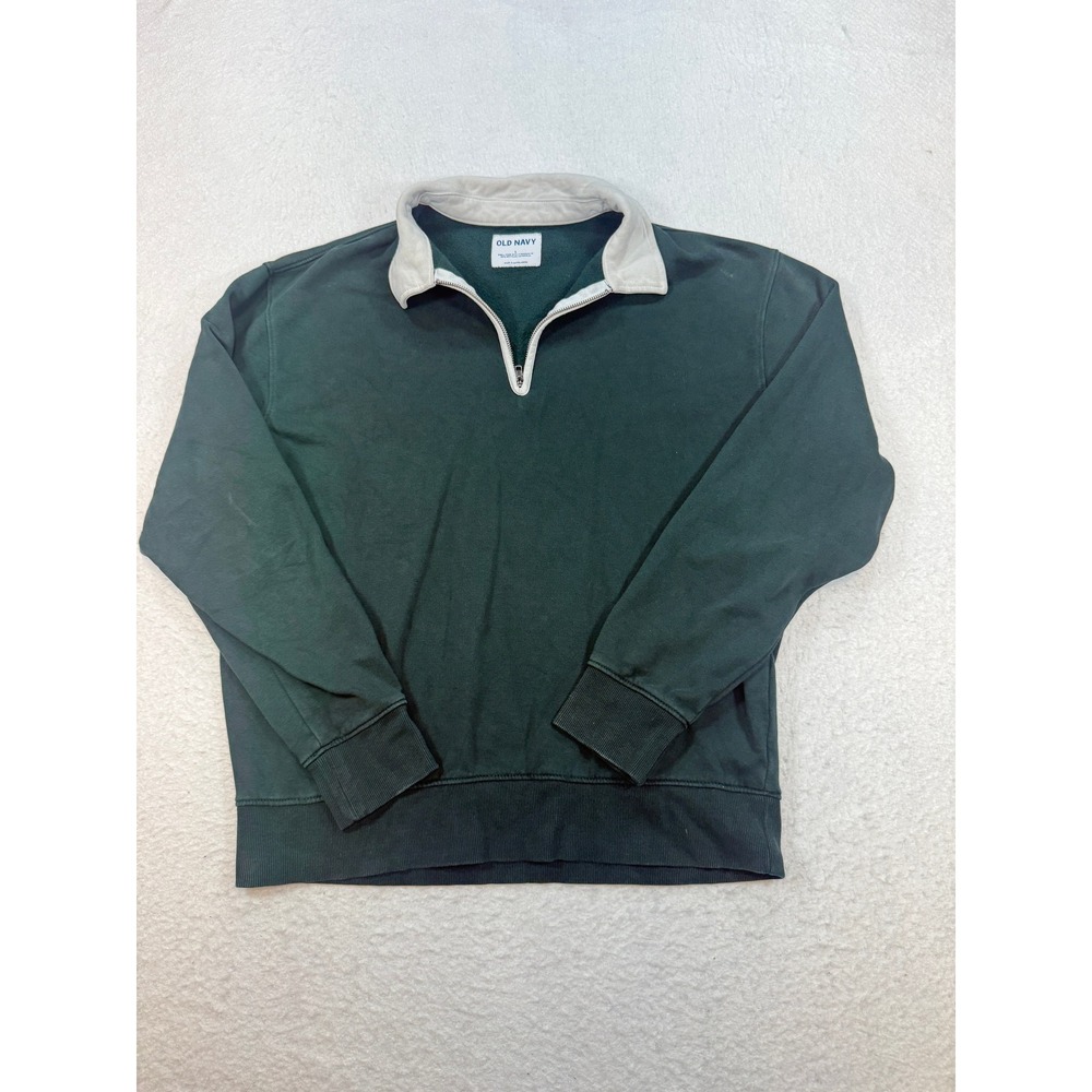Old Navy Mens Large Forest Green Quarter Zip Fleece Sweatshirt Cream Collar